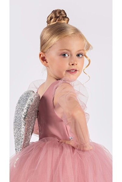 Mnk Baby&Kids Kanatlı Kız Çocuk Şifon Kol Abiye MNK0534 PEMBE