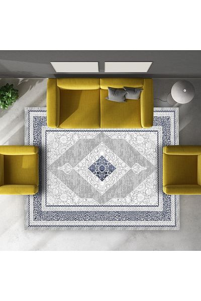 armolin Navy Blue and White Embroidery Patterned Velvet Look Elastic Carpet Cover (WITHOUT SPONGE) SZZ-1145