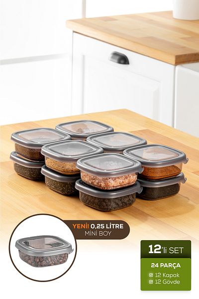 Vienev 0.25 Lt Anthracite Set of 12 Labeled Airtight Food and Spice Storage Containers