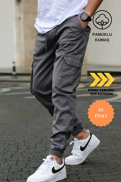 VIKUNYA Men's Gray Summer Cotton Jogger Pants with Elastic Legs Lycra Gabardine Cargo Pocket Pants
