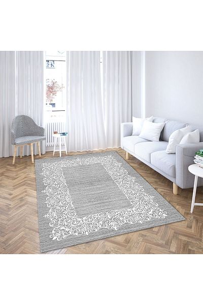 armolin Nakiş Patterned Gray White Velvet Look Elastic Carpet Cover HOARM-1132