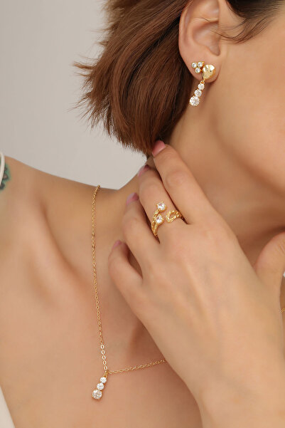 Feyz Tasarım Zirkon Taşlı 18 Ayar Altın Kaplama Üçlü Takı Seti