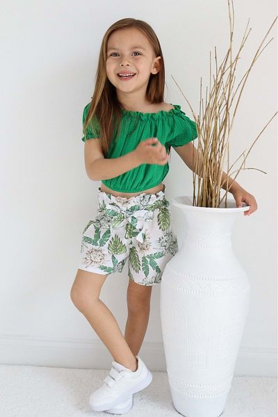 Mnk Baby&Kids Palm Tree Pattern Muslin Fabric Girl's Suit with Shorts TF7355 GREEN