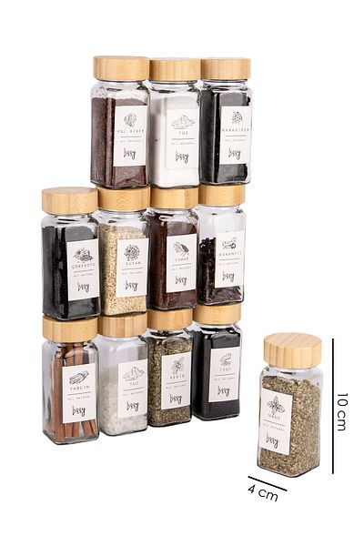 naturelove Square Glass Spice Rack Set with Bamboo Lid 12 Pieces - Label Gift
