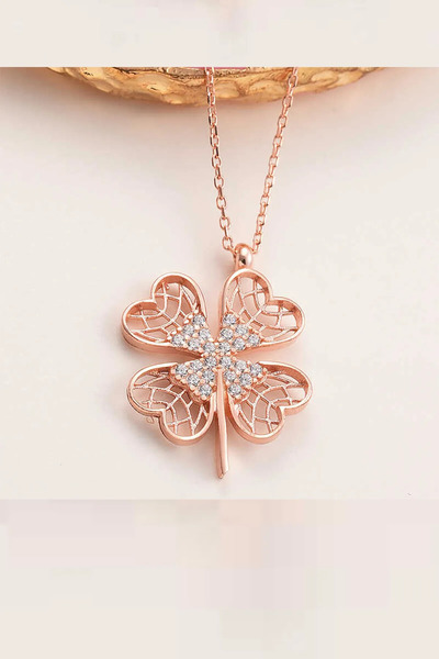 Eva Jewelry Yonca Motifli 14 K Rose Gold Kaplama Kadın Kolye