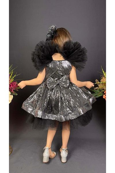 Mnk Baby&Kids Rochie pentru fetiță, cu mâneci de păun, din material textil cu paiete MNK0537 GR ÎNCHIS