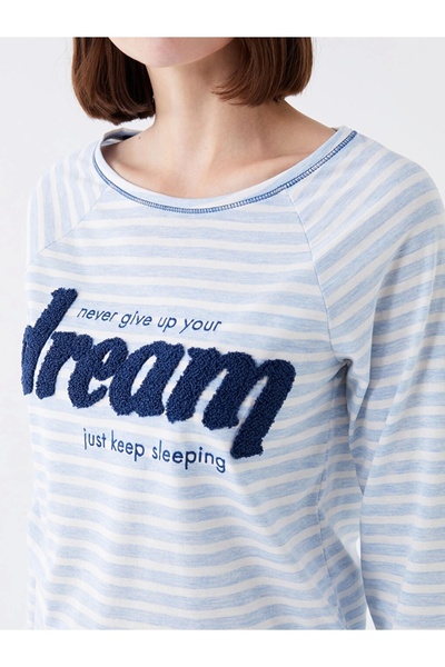 LC Waikiki Lcw Dream Mavi Bisiklet Yaka Nakışlı Uzun Kollu Kadın Pijama Takımı
