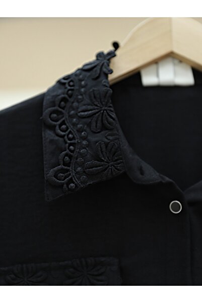 Modamorfo Lace Detail Shirt with Collar and Pockets -Black