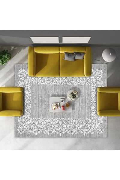 armolin Nakiş Patterned Gray White Velvet Look Elastic Carpet Cover (WITHOUT SPONGE) SZZ-1132