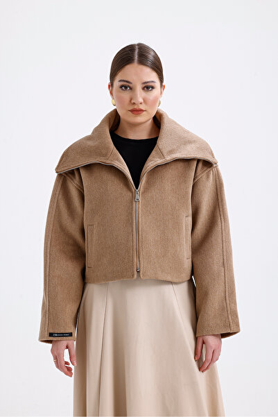 Perryes Norra γυναικείο κοντό παλτό - φαρδύ γιακά, φερμουάρ, ανοιχτό καφέ