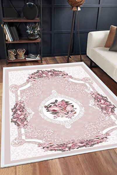armolin Pembe Çiçekli Desen Lastikli Halı Örtüsü (Süngerli) HOarm-742