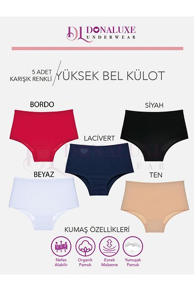 Donaluxe Women's High Waist Black Skin Navy Blue Red Gray Cotton Soft Fabric 5 Pack Panties