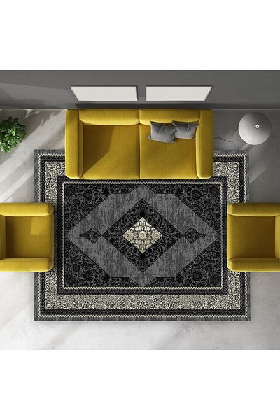 armolin Black Gray Embroidery Patterned Velvet Look Elastic Carpet Cover HOARM-1144
