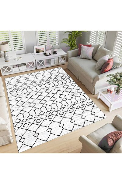 armolin Beyaz Zemin Çizgili Desen Kadife Görünüm Lastikli Halı Örtüsü (Sünger...