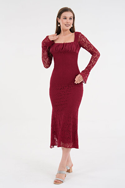 bayansepeti Burgundy Lace Midi Dress - Square Neck, Long Sleeve, Layered Lace Lining 209