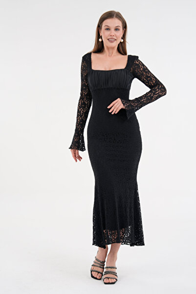 bayansepeti Square Neckline and Long Lace Sleeve Design - Black Midi Dress 209