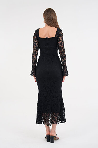 bayansepeti Square Neckline and Long Lace Sleeve Design - Black Midi Dress 209
