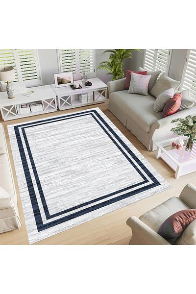 armolin غطاء سجاد مطاطي ذو مظهر مخطط باللون الأبيض الكريمي باللون الأزرق الداكن - 1074