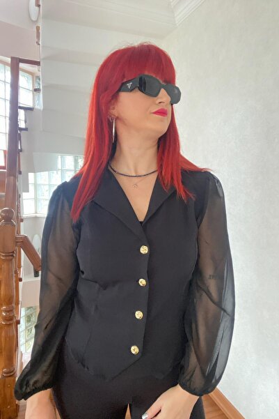 Derya butik Siyah Şifon Kollu Gömlek