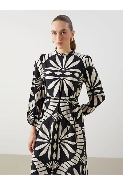 LC Waikiki Lcwaikiki Classic Black Stand Collar Print Women's Dress