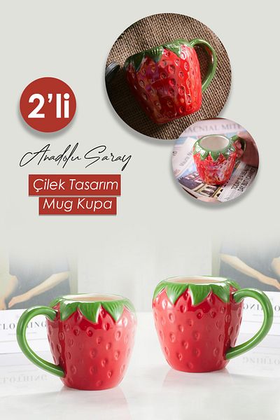 Anadolu Saray 2 Pcs Handmade Ceramic Large Size Strawberry Design Mug Mug Cup |   Ceramic Mug Cup Coffee Cup