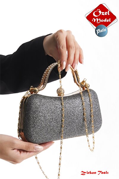 GUİZA Geanta de seara pentru femei, argintie, platinata, cu carcasa aurie, cu...