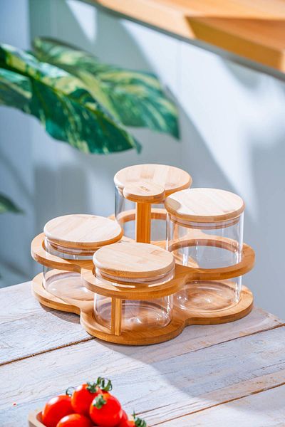 ACAR Malibu 4-Piece Glass Spice Rack Set with Bamboo Stand