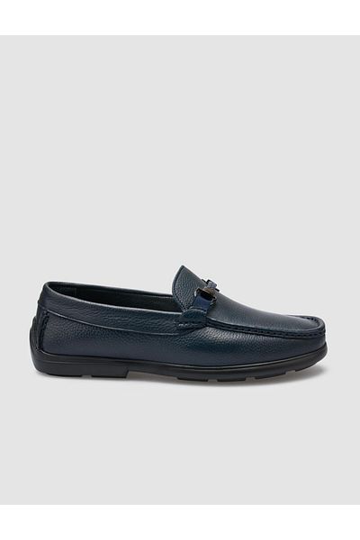 Cabani 100% Genuine Leather Navy Blue Buckle Detailed Men's Loafer