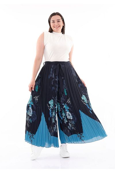 Guzella Navy Blue Floral Patterned Plus Size Chiffon Trousers