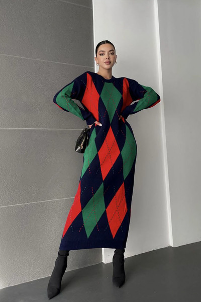 MODAQU Diamond Patterned Long Knitwear Dress - Navy Blue