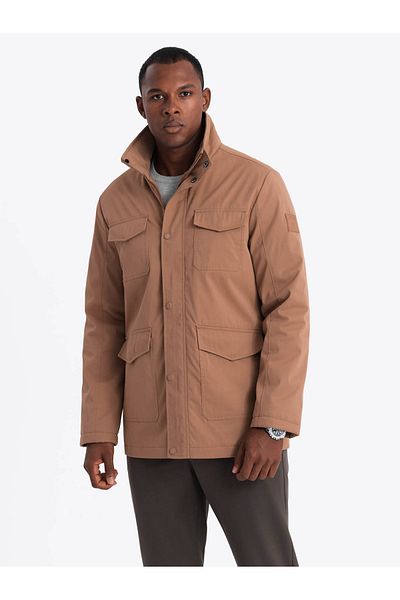 OMBRE Leichte Herrenjacke mit Taschen und hohem Kragen - braun V5 OM-JALP-0167 M