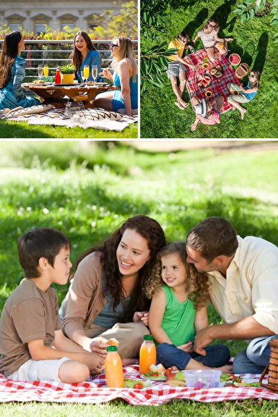 FABRİCAHOME Kırmızı Ekose  Piknik Seti 5 Parça Piknik Seti Masa Örtüsü ( 4 Adet 40x40 Sandalye Minderi Dolgulu)