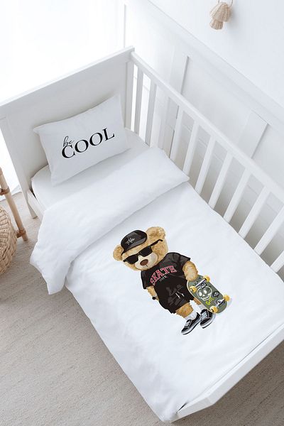 Tuğba Kuğu Baby Size Duvet Cover Set (100X150) - Pure Baby Series - Skateboarded Teddy Bear