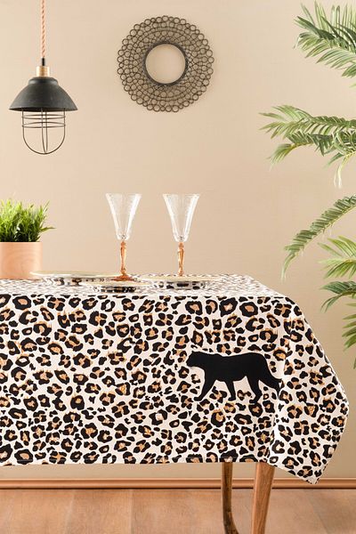 Montisu Leopard Patterned Liquid Proof 100% Cotton Tablecloth - Stain Resistant, 145X225