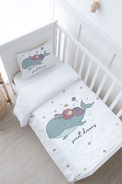 Tuğba Kuğu Pure Baby Series Baby Size Duvet Cover Set - 100X150 Whale and Child