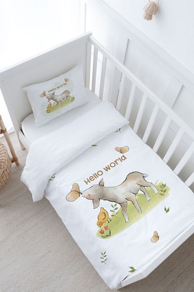 Tuğba Kuğu Pure Baby Series - 100X150 Baby Size Duvet Cover Set, Lamb Playing with Butterfly