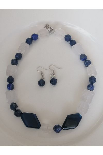 LemaStone Lapis,Crystal Quartz and Agate (Aa Quality) Natural Stone Necklace and Earring Set