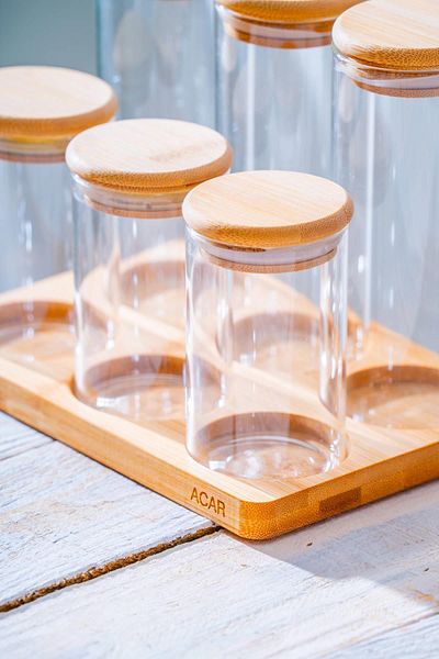 ACAR Malibu 6-Piece Glass Spice Rack Set with Bamboo Stand