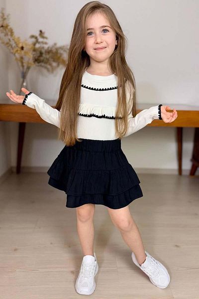 Riccotarz Girl's Baby Neck Breasted Ruffled Ribbed Slim Sweater Set with Fold Pleat Black Skirt