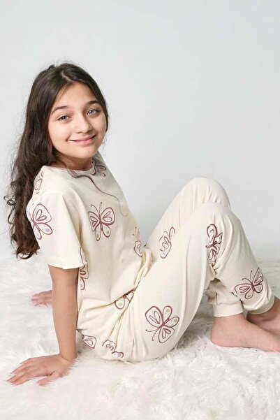 Riccotarz Girl's Butterfly Print T-Shirt Cream Pajama Set 8-14 Years