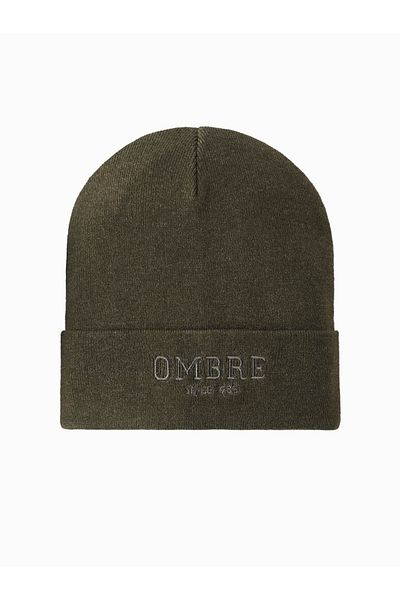 OMBRE Herren Strickmütze mit gestickter Aufschrift - oliv V5 OM-ACWH-0120