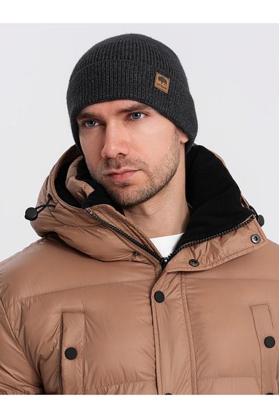 OMBRE Herren Strickmütze mit Patch - schwarz meliert V1 OM-ACWH-0123
