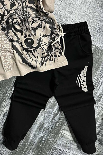 Riccotarz Σετ αθλητικής φόρμας για αγόρια με μαύρο μολύβι λύκος και κείμενο σε καφέ μπλουζάκι