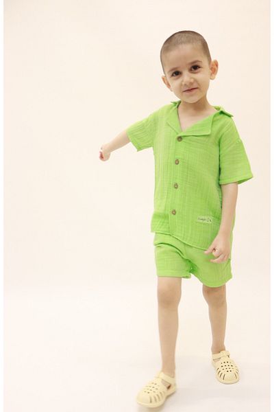 BALKABAĞI Apple Green Label Detailed Shirt Shorts Muslin Set (2-8 Years) Mtye0052