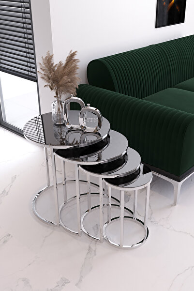 Nies Aksesuar Armoni 4'lü Zigon Sehpa Gümüş Ayak Füme Ayna