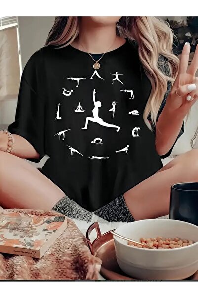 WOODROFFE Kadın YOGA Saat Tasarım Baskılı Tişört Oversize Salaş