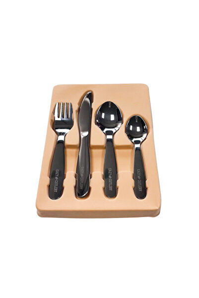 Eazy Kids Set of 4 Cutlery (Spoon, Fork, Knife & Tea Spoon) w/ Silicon Pouch – Grey