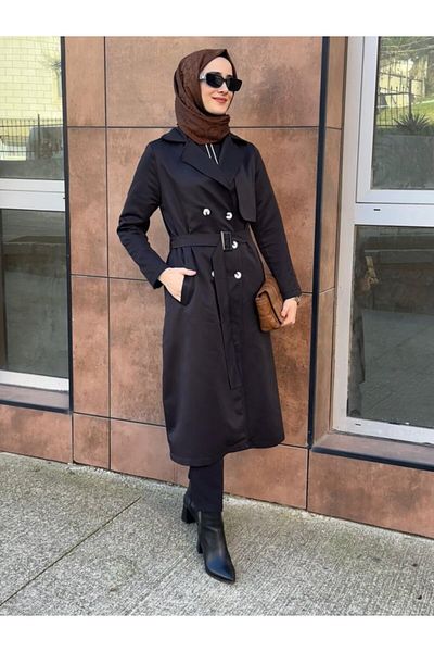 Leyaa Modavera Γυναικεία μακρυμάνικη καμπαρντίνα με γιακά με κουμπιά μπροστά και ζώνη μέσης Midi Gabardine