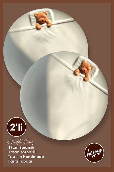 Anadolu Saray White Ceramic 19cm Dessert Handmade Cake Plate - Lying Bear Shaped, Set of 2