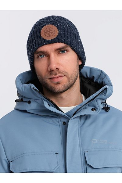 OMBRE Beanie-Mütze für Herren mit rundem geprägtem Patch - Marineblau V2 OM-ACWH-0121